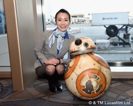 LOS ANGELES, CALIFORNIA - MARCH 28: ANA's BB-8 themed jet lands in Los Angeles in celebration of in-home release of STAR WARS: THE FORCE AWAKENS on March 28, 2016 in Los Angeles, California. (Photo by Alberto E. Rodriguez/Getty Images for Disney)